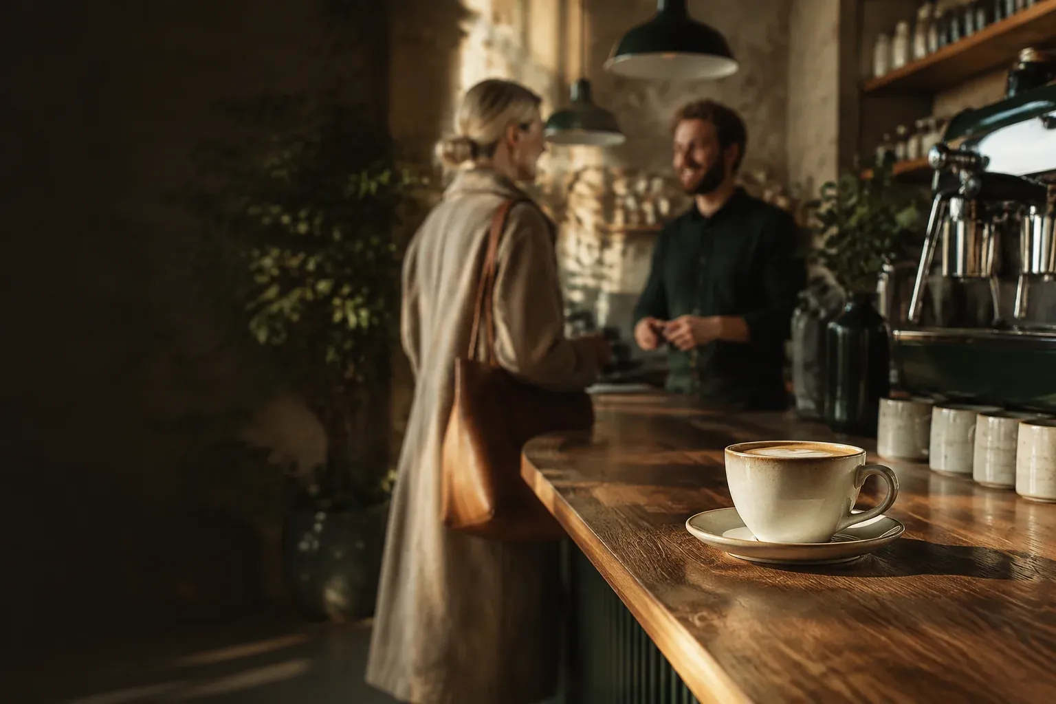 Ein Gast und ein Barista im Gespräch an einer warm beleuchteten Cafétheke